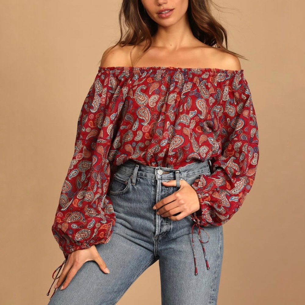 NEW FP INTIMATELY Paisley Sundown Bodysuit Red Off Shoulder Long Sleeve Boho XS